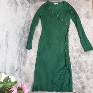 Emerald Green Rib-nit Dress with Faux Buttons